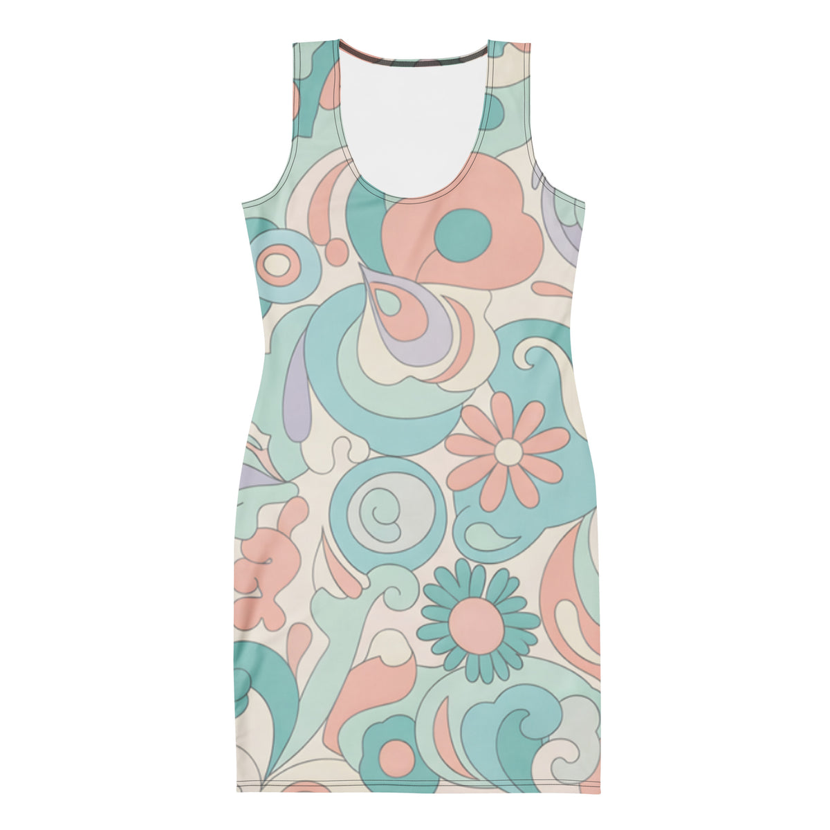Women's 60s inspired Ibiza retro swirl bodycon mini dress with pastel floral print. Stretch sleeveless summer dress for boho and vintage style