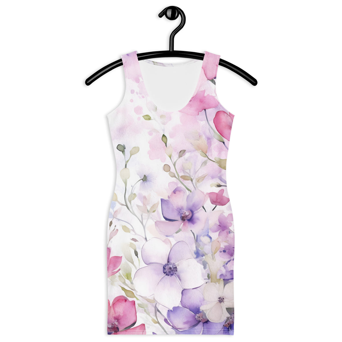 Bodycon mini dress with a watercolor floral print in soft pink, lavender, and white, featuring a fitted stretch silhouette
