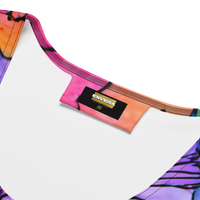 Colorful floral bodycon summer dress with watercolor wildflower print and sculpted fitted silhouette on rainbow gradient background