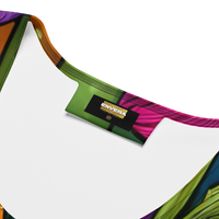 Envera Vibrant colorful floral bodycon summer dress with a sculpted fit, featuring a watercolor-style wildflower print in pink, yellow, orange, blue, and purple on a rainbow gradient background