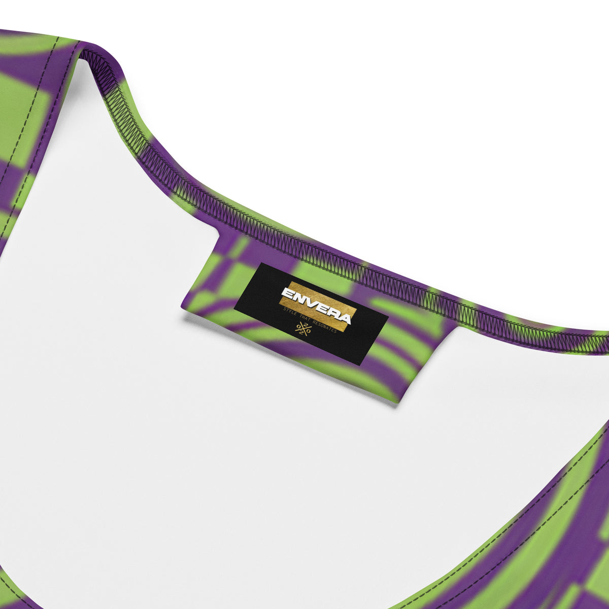 Women's colorful psychedelic bodycon mini dress with bold purple and lime green geometric swirl print