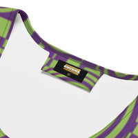 Women's colorful psychedelic bodycon mini dress with bold purple and lime green geometric swirl print