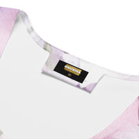 Bodycon mini dress with a watercolor floral print in soft pink, lavender, and white, featuring a fitted stretch silhouette