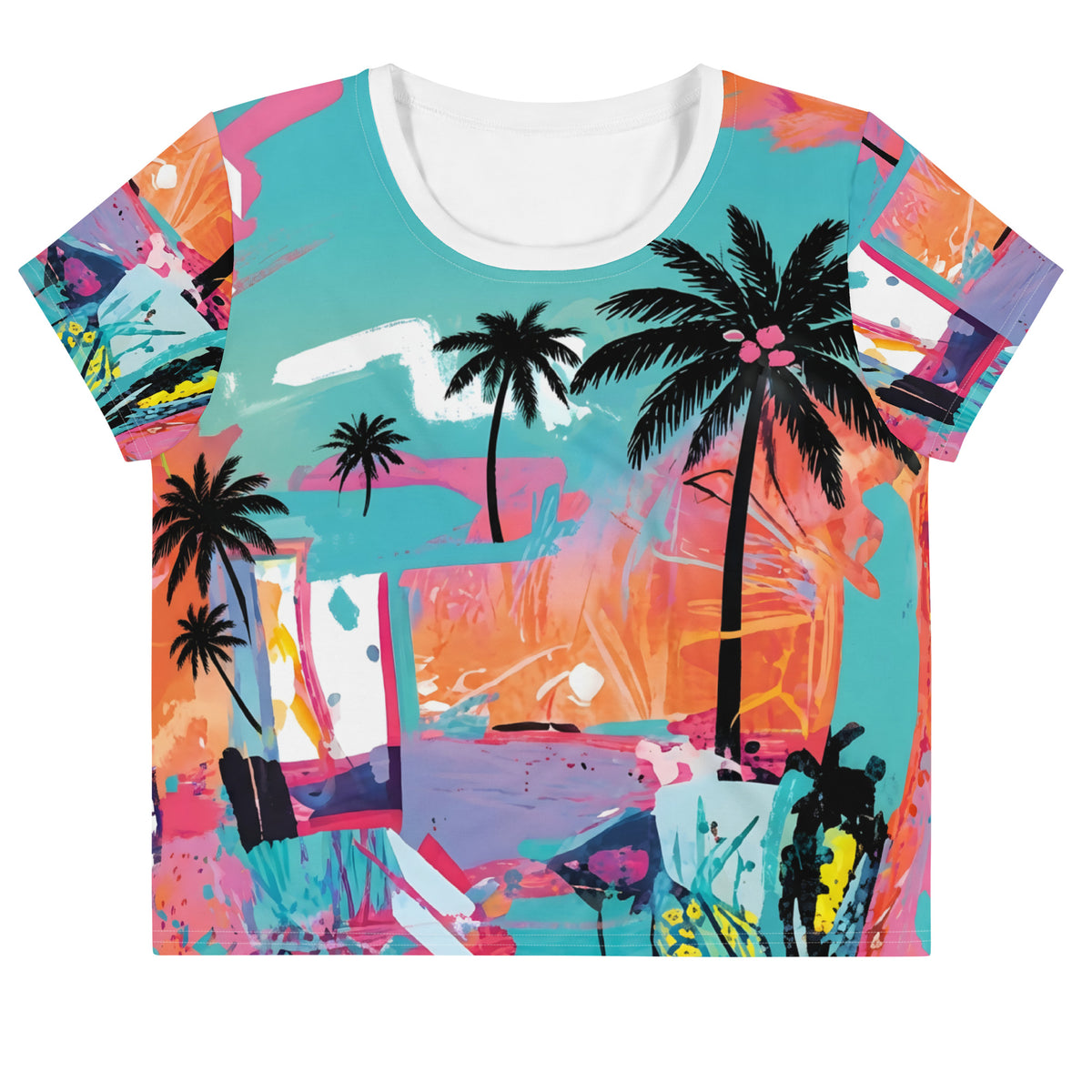 Crop top tee with neon tropical palm tree print and graffiti-style abstract color splashes in blue, pink, and orange
