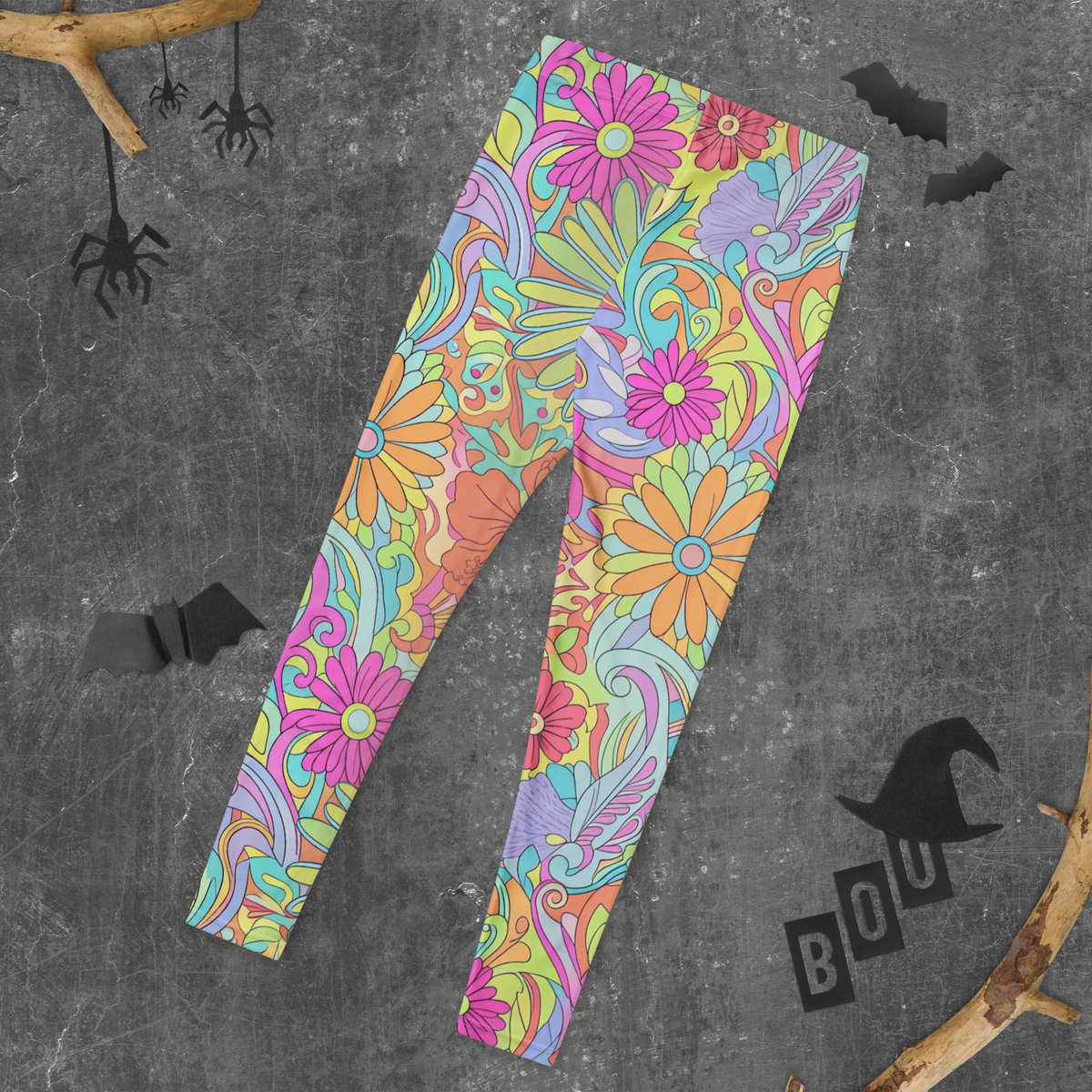 Women's psychedelic floral leggings with colorful retro blooms and swirling botanical print