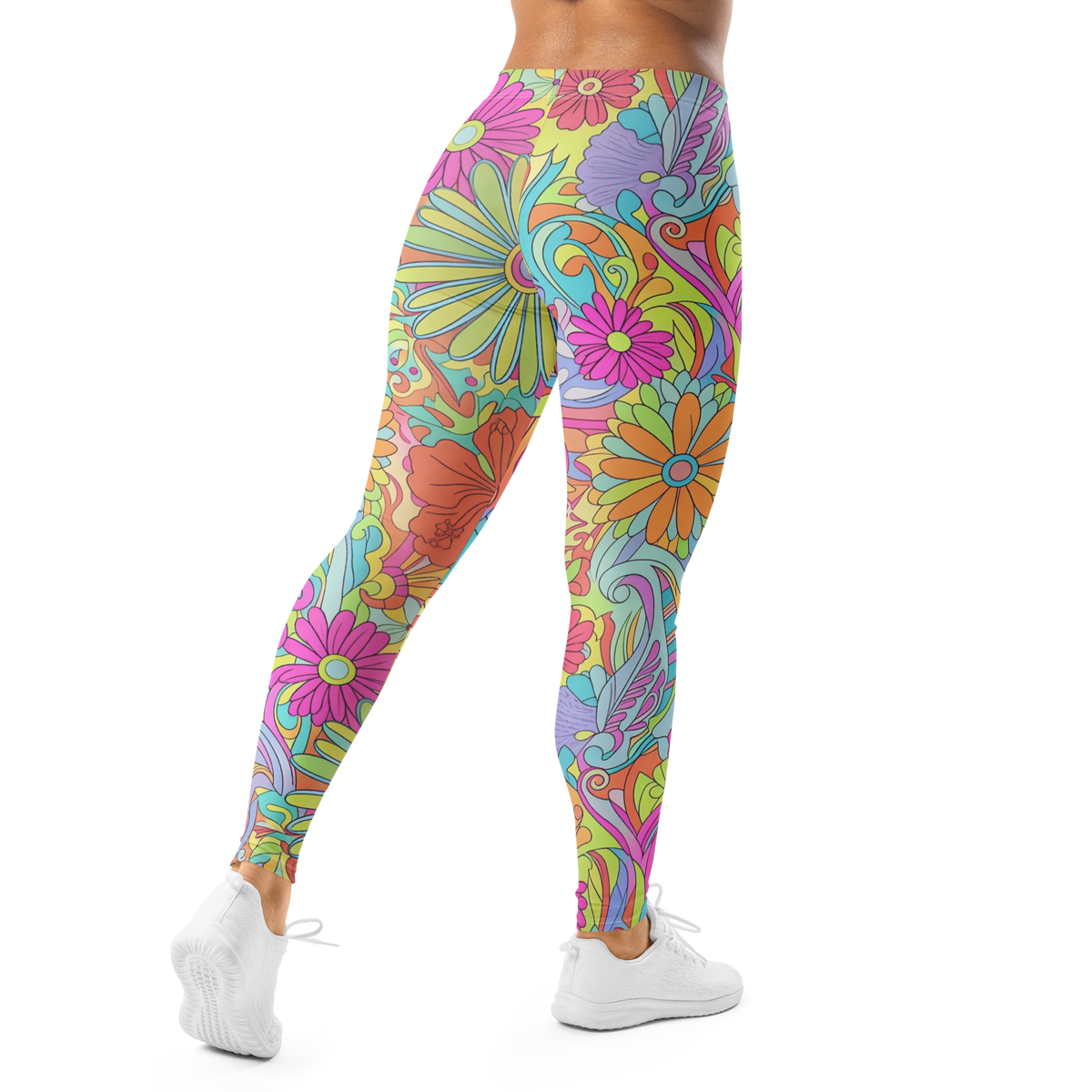 Women's multicolor floral leggings featuring a vibrant psychedelic botanical print and comfortable stretch fit