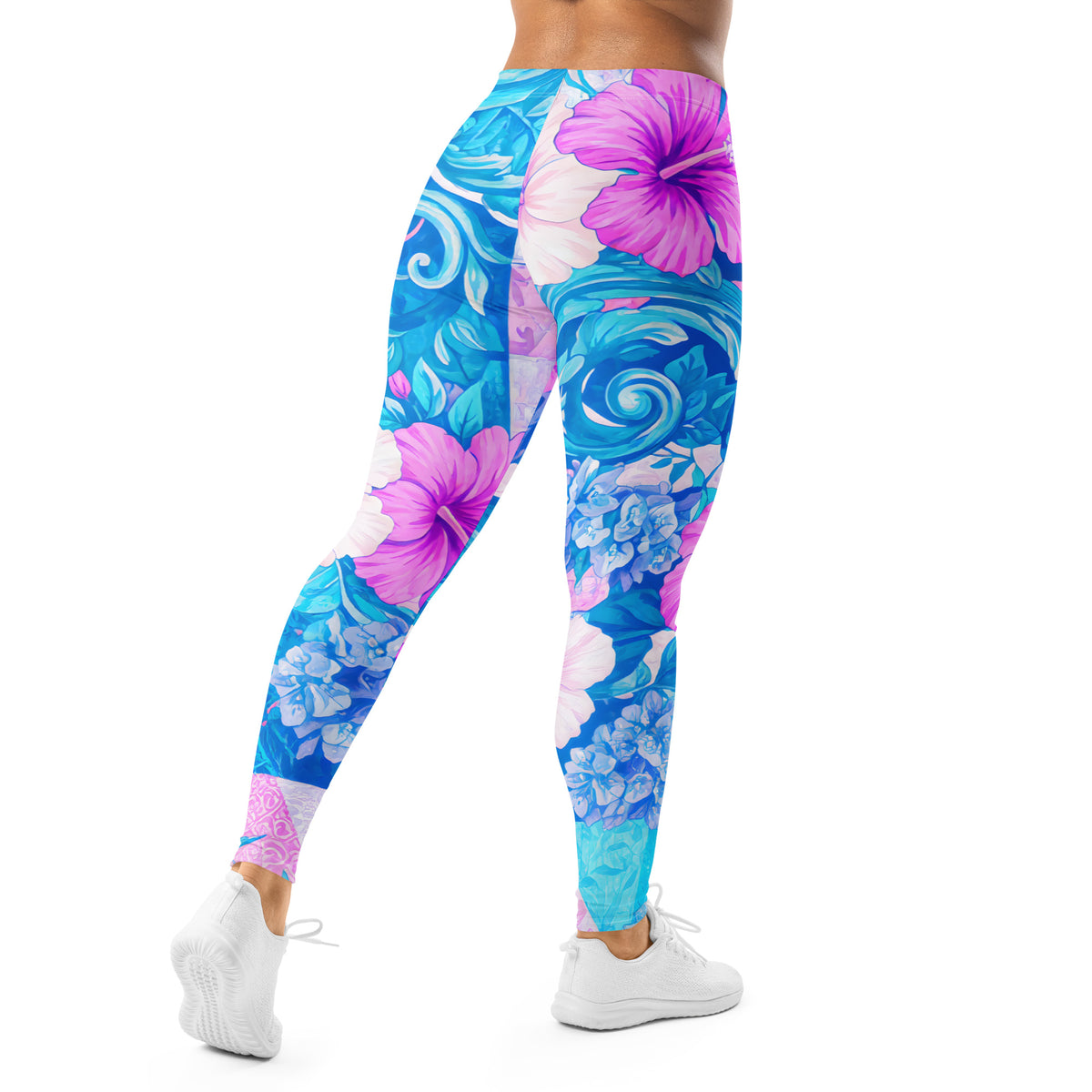 Blue and Pink Tropical Hibiscus Sports Leggins