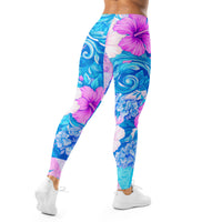 Blue and Pink Tropical Hibiscus Sports Leggins