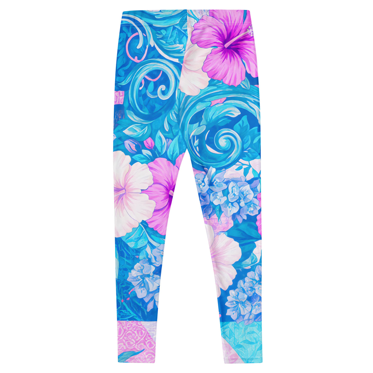 Tropical hibiscus floral leggings in vibrant blue and pink with a colorful botanical print, designed as island-inspired activewear and statement streetwear
