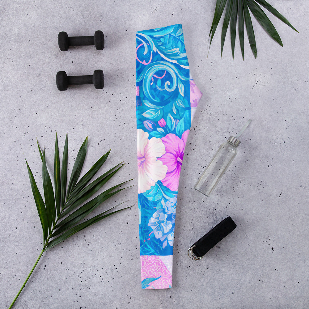 Blue and Pink Tropical Hibiscus Sports Leggins
