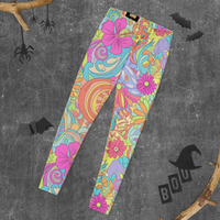 Women's psychedelic floral leggings with colorful retro blooms and swirling botanical print