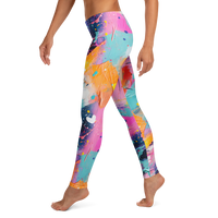 Women's colorful graphic leggings featuring an expressive paint splatter pattern in bright multicolor tones