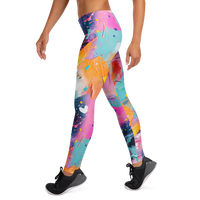 Women's colorful graphic leggings featuring an expressive paint splatter pattern in bright multicolor tones