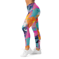 Women's colorful graphic leggings featuring an expressive paint splatter pattern in bright multicolor tones