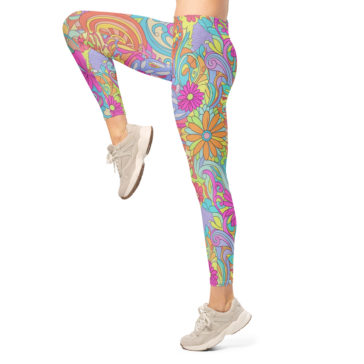 Women's multicolor floral leggings featuring a vibrant psychedelic botanical print and comfortable stretch fit