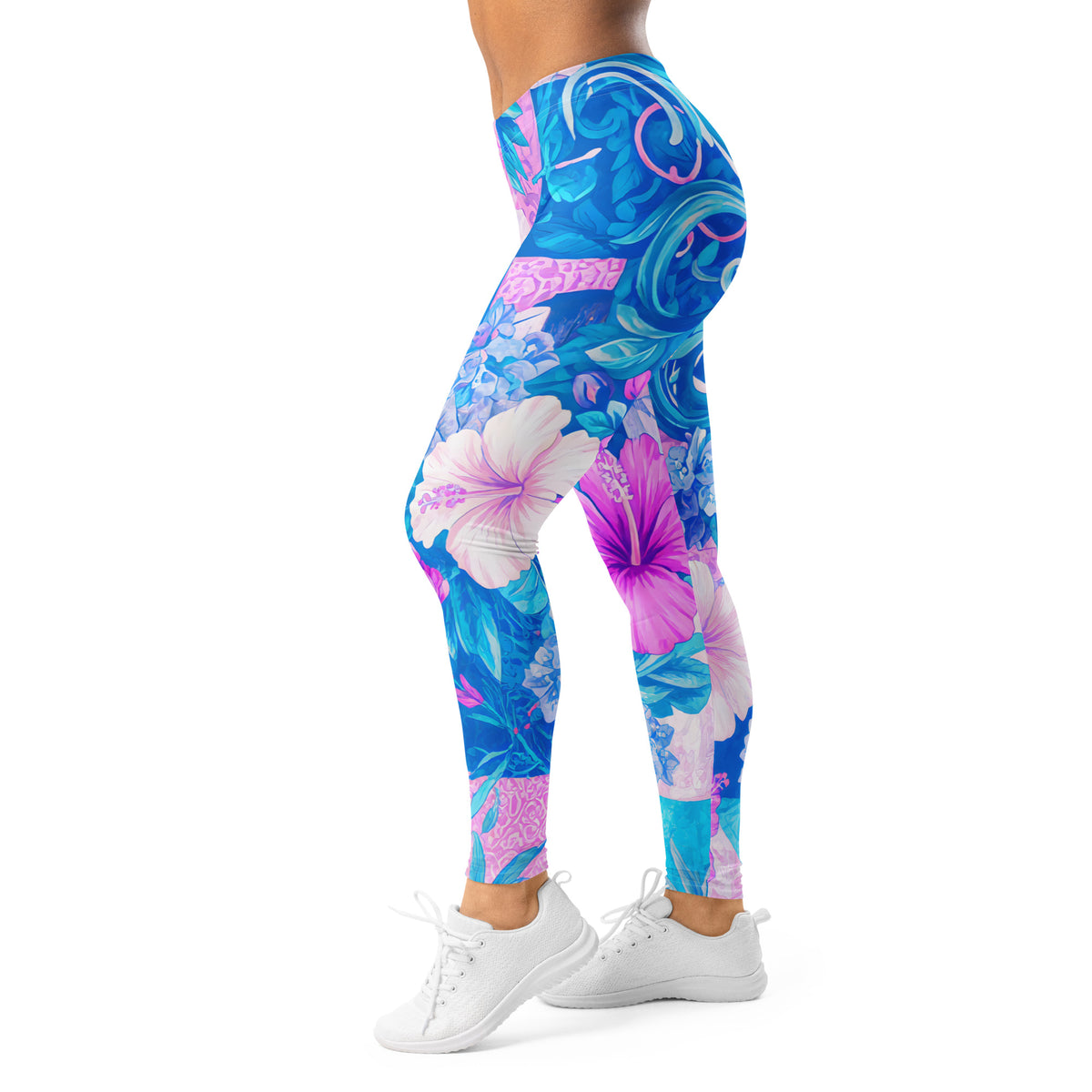Blue and Pink Tropical Hibiscus Sports Leggins