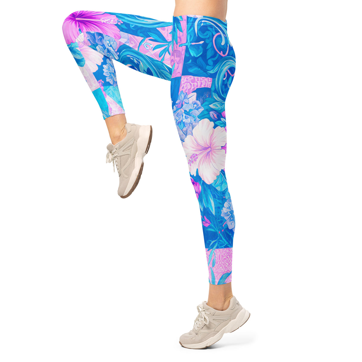 Blue and Pink Tropical Hibiscus Sports Leggins