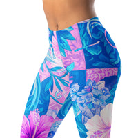 Blue and Pink Tropical Hibiscus Sports Leggins