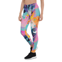 Women's colorful graphic leggings featuring an expressive paint splatter pattern in bright multicolor tones