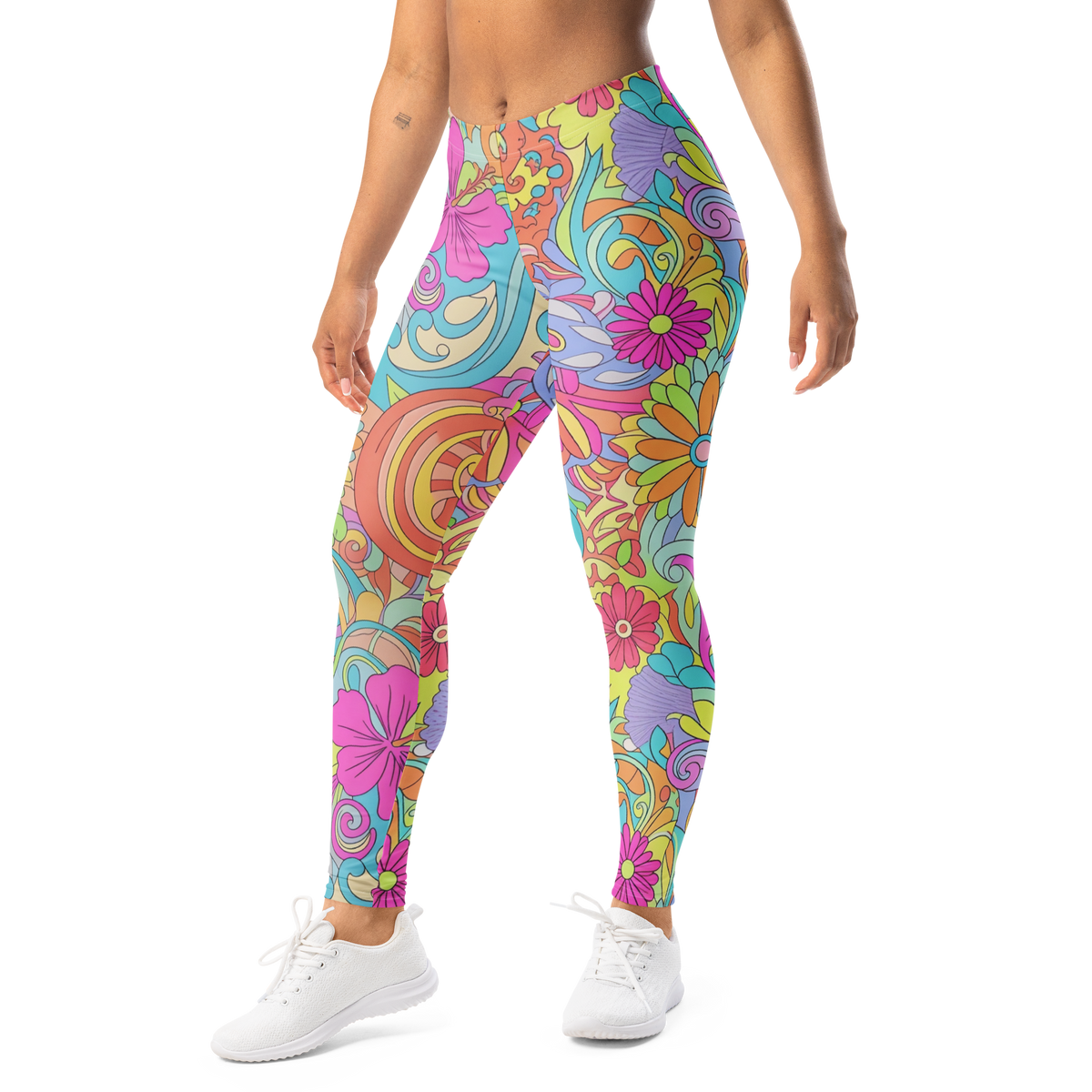 Women's multicolor floral leggings featuring a vibrant psychedelic botanical print and comfortable stretch fit