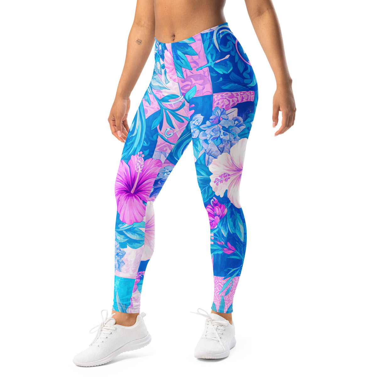 Blue and Pink Tropical Hibiscus Sports Leggins