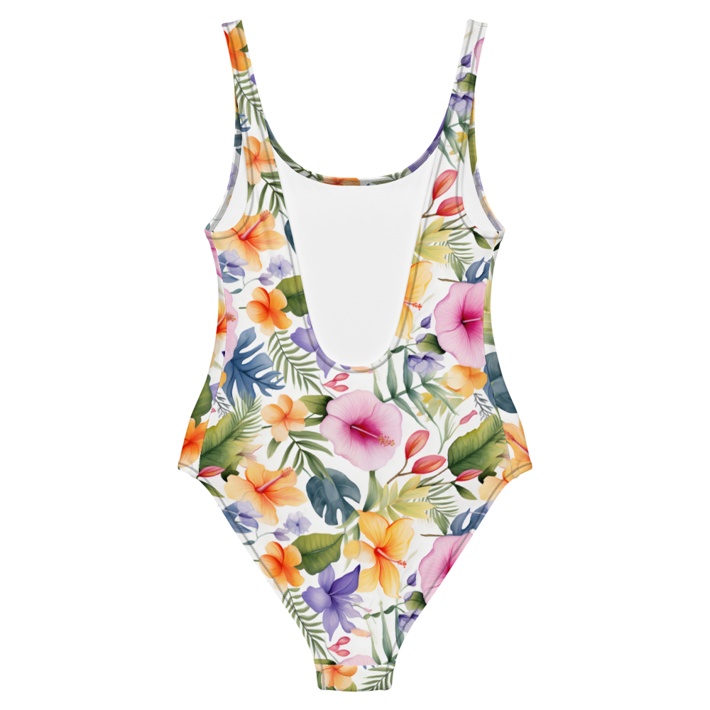 Tropical floral one-piece swimsuit with vibrant colors, flattering fit, and elegant design, perfect for beach and summer vacations.