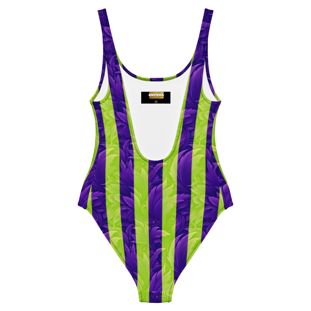 One-piece swimsuit with vibrant purple and neon green textured stripes, sculpting the silhouette with a striking, high-energy summer look.