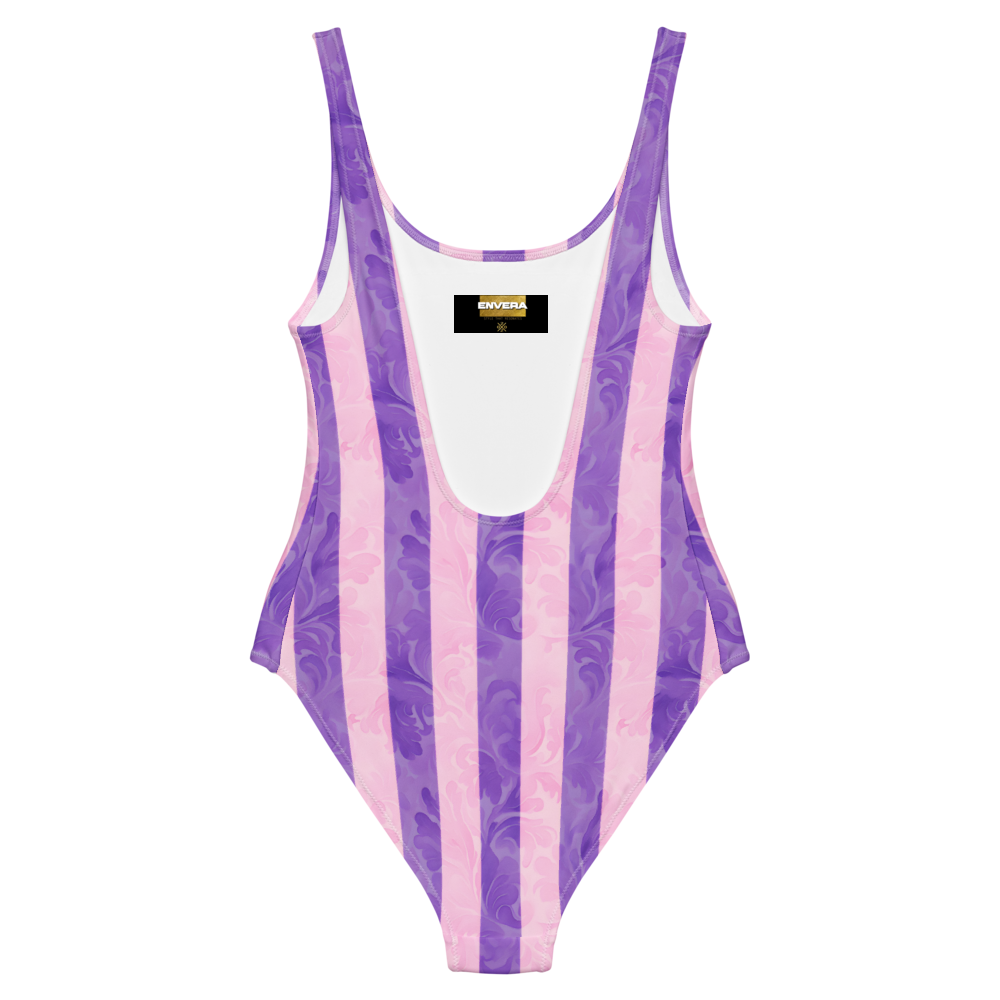 Elegant one-piece swimsuit with vertical purple and lavender stripes, textured details, flattering fit, perfect for stylish summer days.