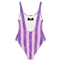 Women's purple striped one-piece swimsuit with lavender vertical stripes and textured ornamental pattern