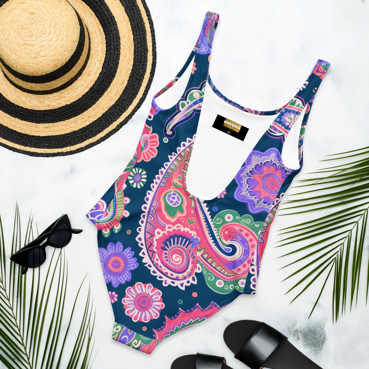 One-piece swimsuit with an intricate boho paisley mandala print in navy blue, pink, purple, green, coral, and white
