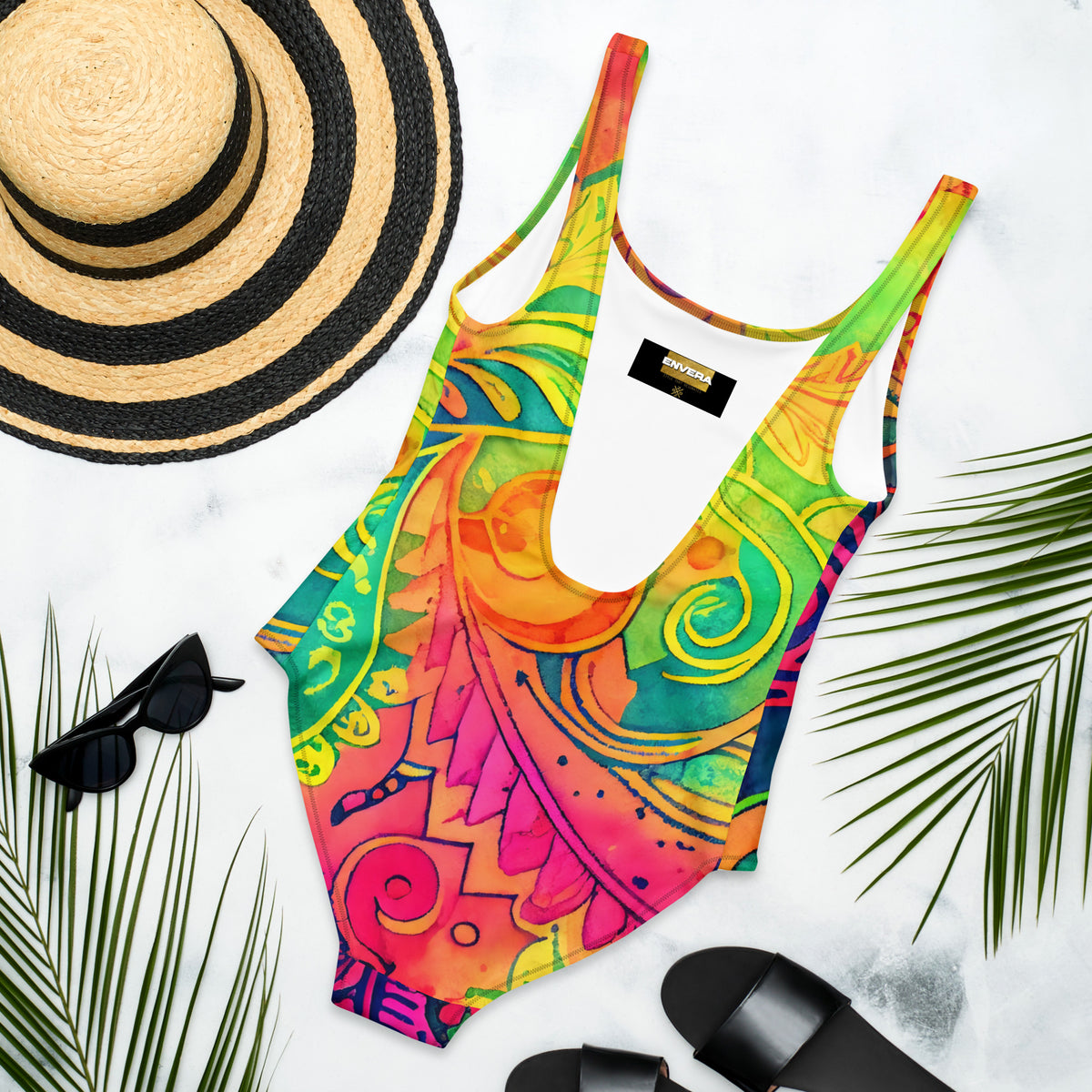 Hippie Abstract One-Piece Swimsuit with Vibrant Psychedelic Watercolor Art Print