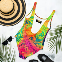 Hippie Abstract One-Piece Swimsuit with Vibrant Psychedelic Watercolor Art Print