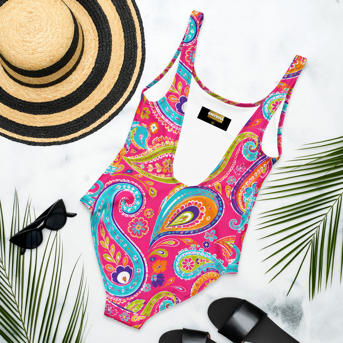 Boho Paisley One-Piece Swimsuit with Vibrant Floral Mandala Print on Pink Background