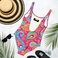 Boho Paisley One-Piece Swimsuit with Vibrant Floral Mandala Print on Pink Background