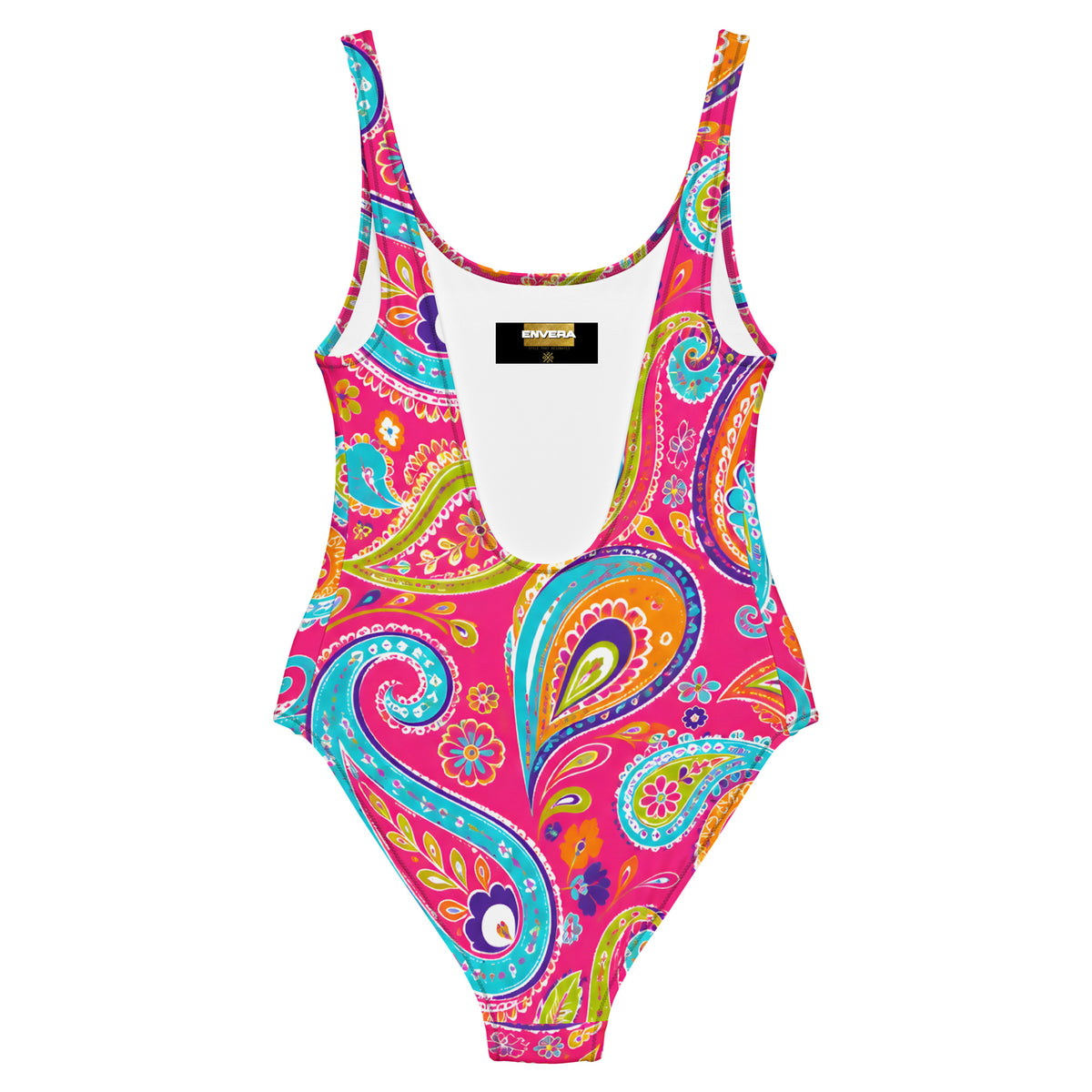 Boho Paisley One-Piece Swimsuit with Vibrant Floral Mandala Print on Pink Background