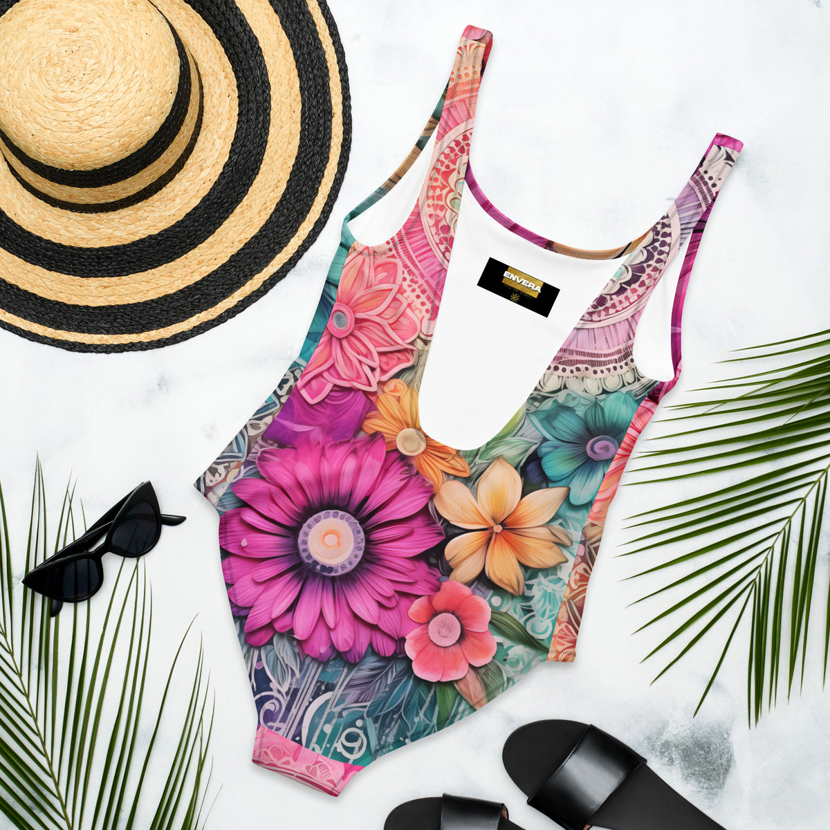 Vibrant Floral Mandala Print Sculpting One-Piece Swimsuit Bohemian Luxury Resort Swimwear