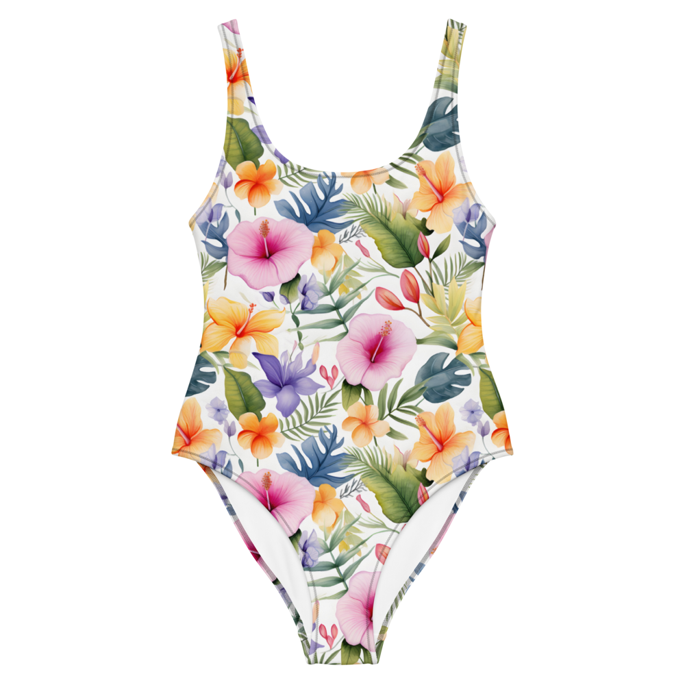 Tropical floral one-piece swimsuit with vibrant colors, flattering fit, and elegant design, perfect for beach and summer vacations.