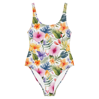 Women's tropical botanical swimsuit featuring hibiscus flowers, colorful blooms, and elegant watercolor artwork