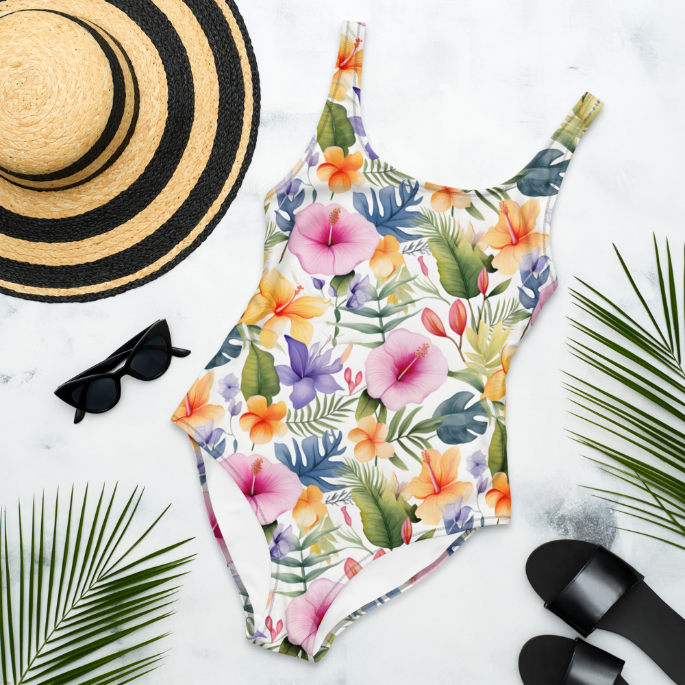 Tropical floral one-piece swimsuit with vibrant colors, flattering fit, and elegant design, perfect for beach and summer vacations.