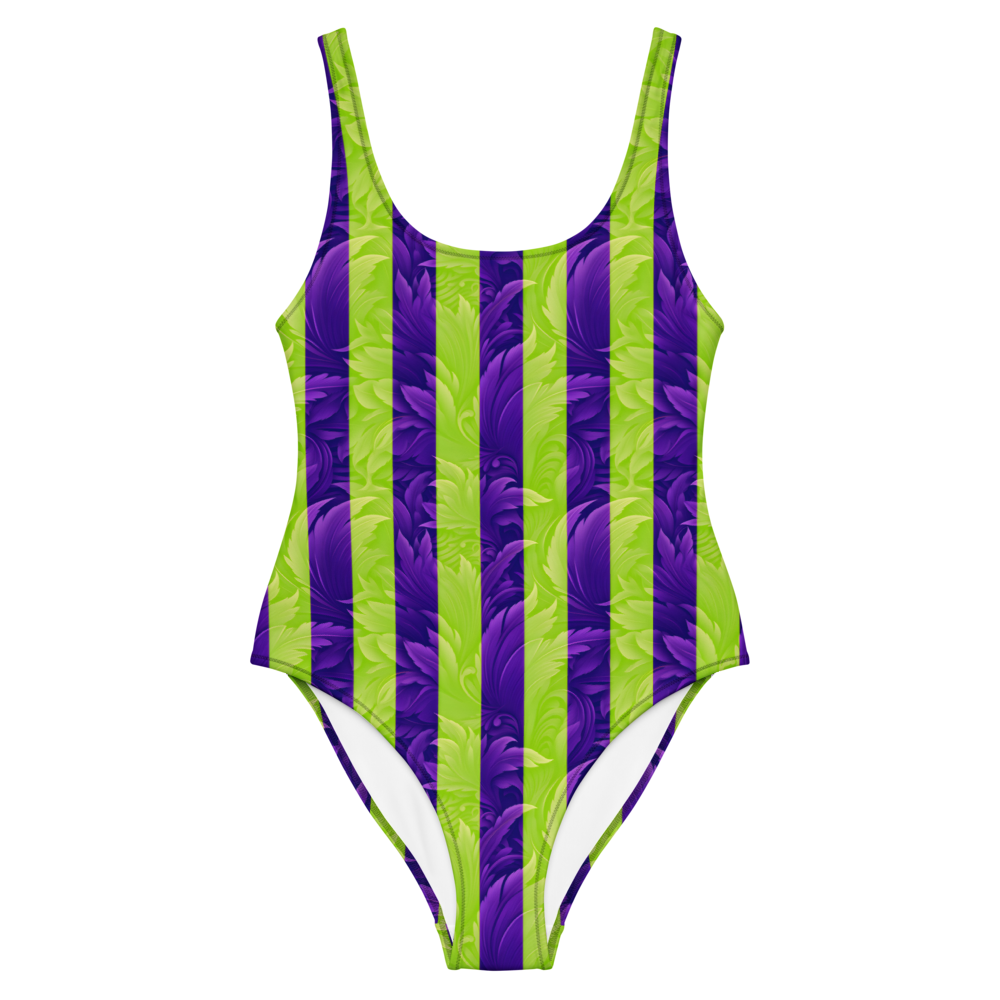 One-piece swimsuit with vibrant purple and neon green textured stripes, sculpting the silhouette with a striking, high-energy summer look.