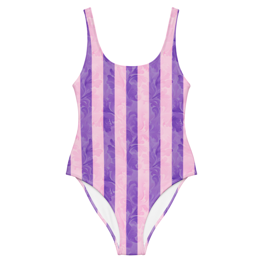Elegant one-piece swimsuit with vertical purple and lavender stripes, textured details, flattering fit, perfect for stylish summer days.