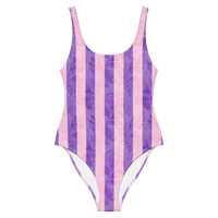 Women's purple striped one-piece swimsuit with lavender vertical stripes and textured ornamental pattern