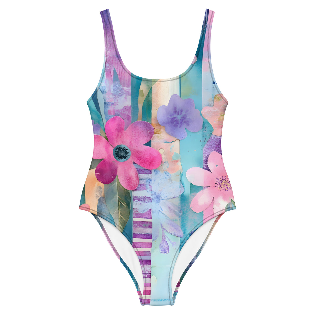Colorful one-piece swimsuit featuring aqua blue, pink, lavender, and pastel floral watercolor print for beach and resort wear