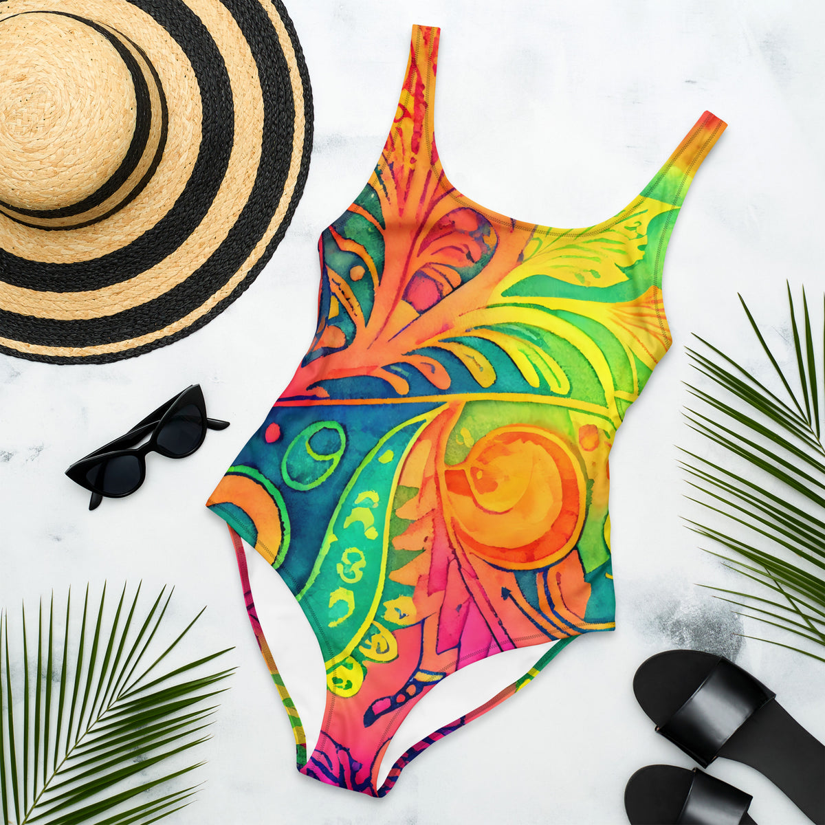Hippie Abstract One-Piece Swimsuit with Vibrant Psychedelic Watercolor Art Print