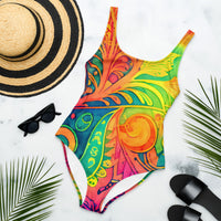Hippie Abstract One-Piece Swimsuit with Vibrant Psychedelic Watercolor Art Print