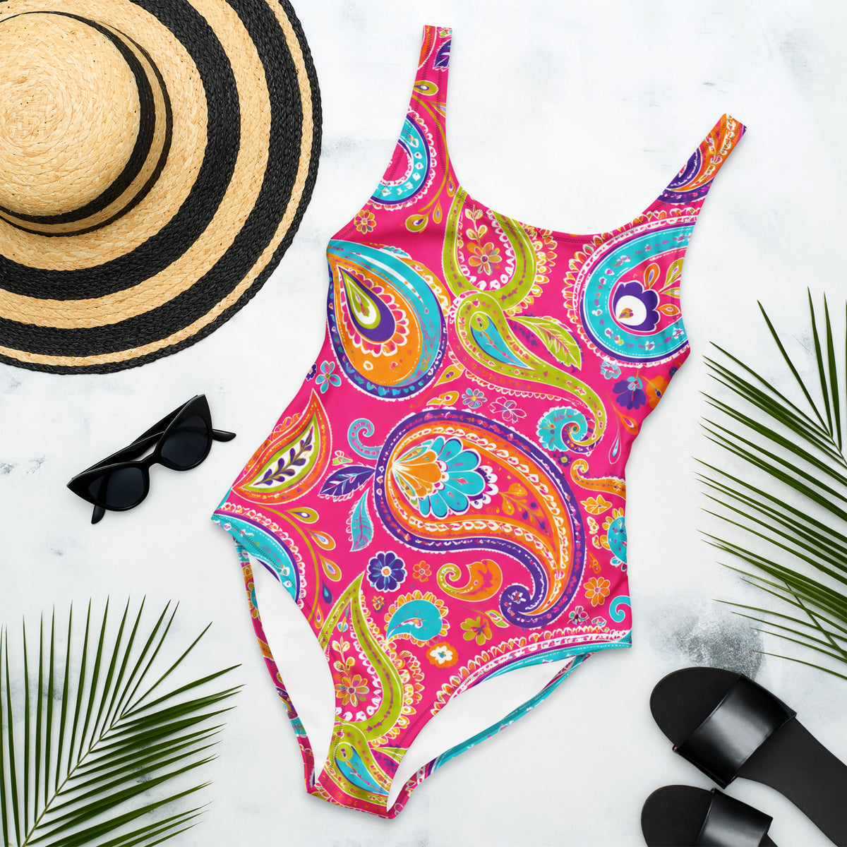 Boho Paisley One-Piece Swimsuit with Vibrant Floral Mandala Print on Pink Background