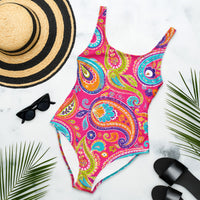 Boho Paisley One-Piece Swimsuit with Vibrant Floral Mandala Print on Pink Background