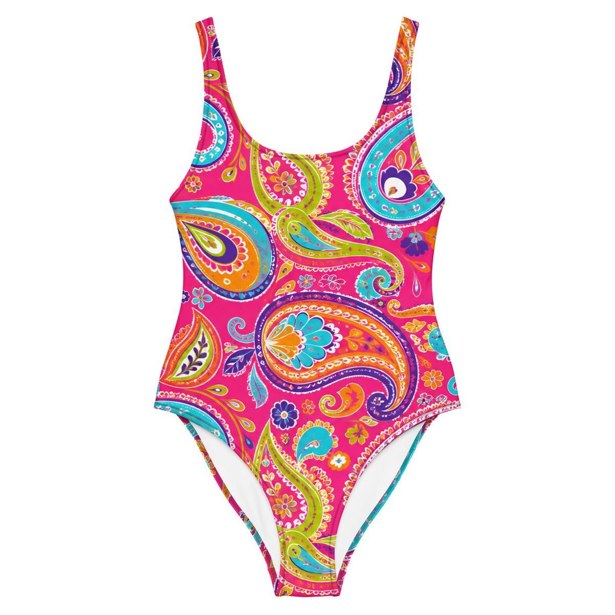 Boho Paisley One-Piece Swimsuit with Vibrant Floral Mandala Print on Pink Background