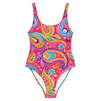 Boho Paisley One-Piece Swimsuit with Vibrant Floral Mandala Print on Pink Background