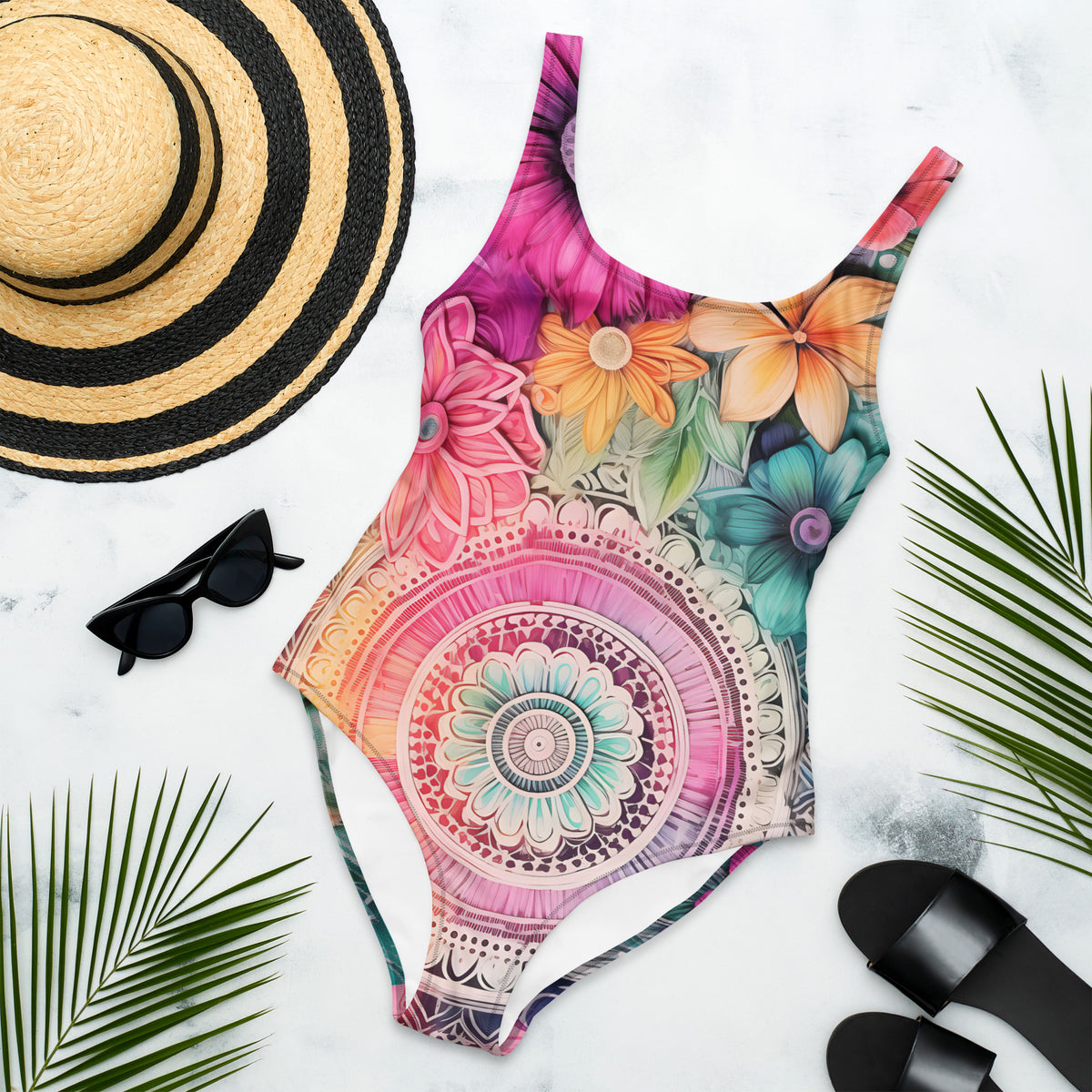 Vibrant Floral Mandala Print Sculpting One-Piece Swimsuit Bohemian Luxury Resort Swimwear